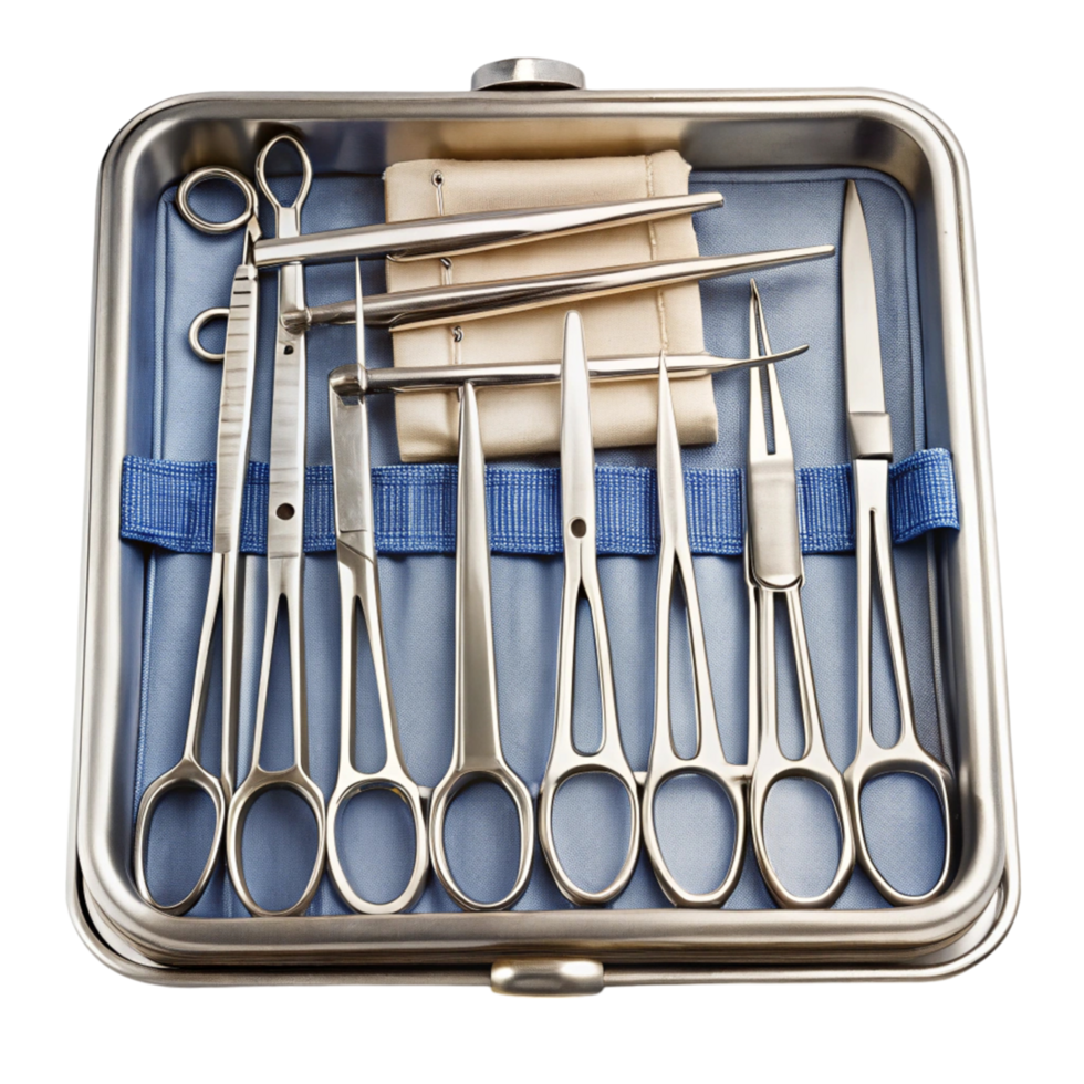 Professional suture kit with various surgical tools neatly arranged in a metal container, sterile and clean png