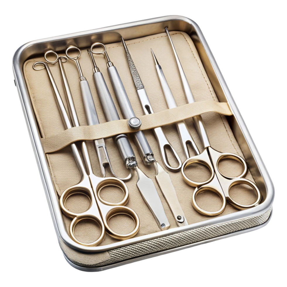 Surgical tool set for medical procedures, precision instruments organized in a sterilization tray, isolated png