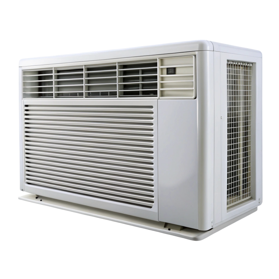 Sleek air conditioner with remote control and digital display, designed for optimal cooling in modern spaces png