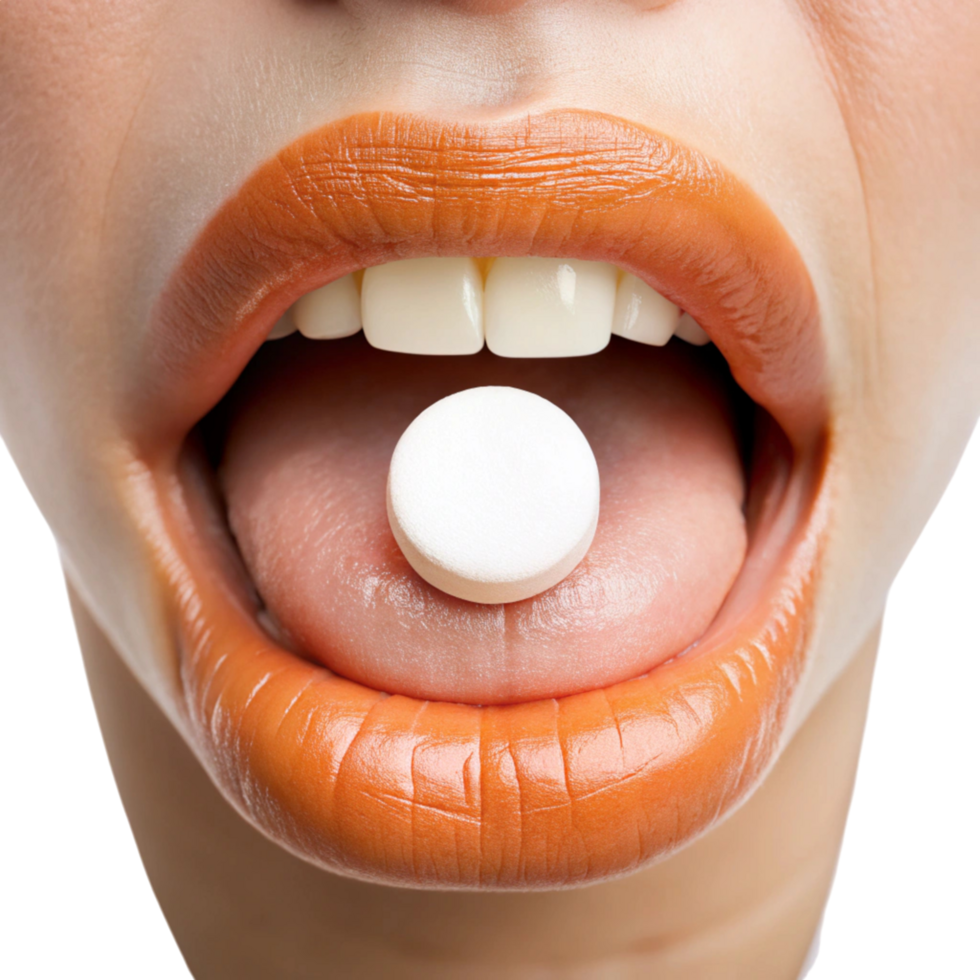 Open mouth displaying a yellow cough drop on the tongue, symbolizing relief for throat discomfort png
