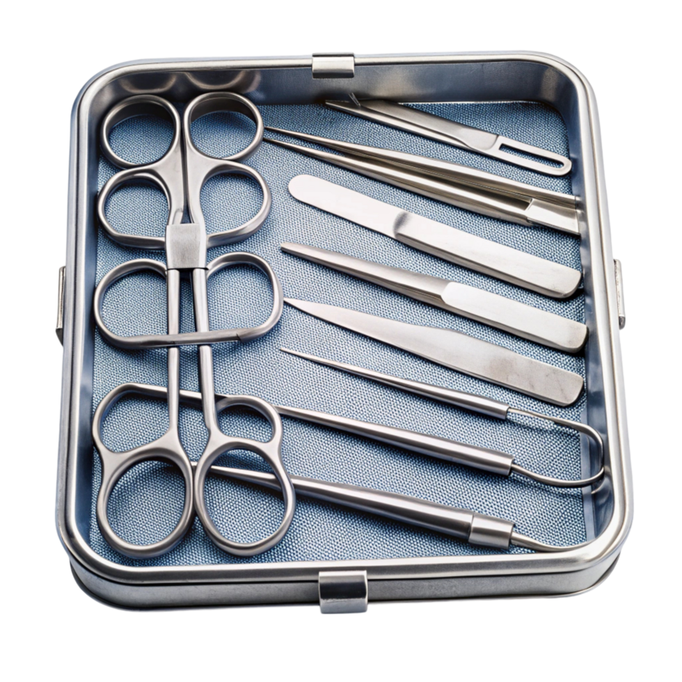 Close up of surgical instruments in a tray, including scissors, tweezers, and scalpels, ready for medical use png