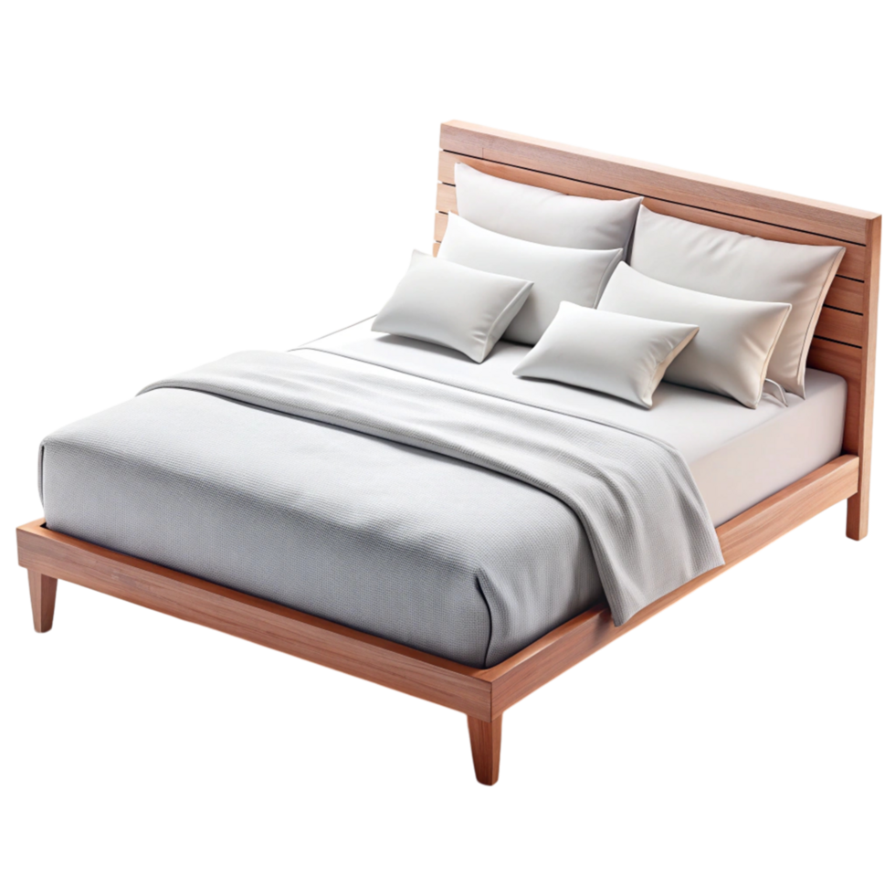 Scandinavian inspired wooden bed frame with plush pillows and simple, sophisticated bedding in soft gray tones, perfect for minimalist decor png