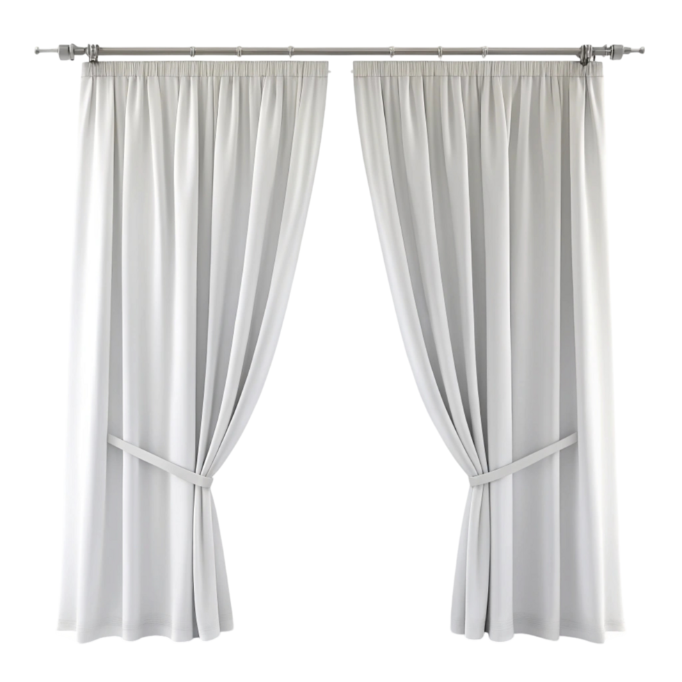 Elegant white curtains with tiebacks on a decorative metal rod, perfect for modern home interiors and window dressing png
