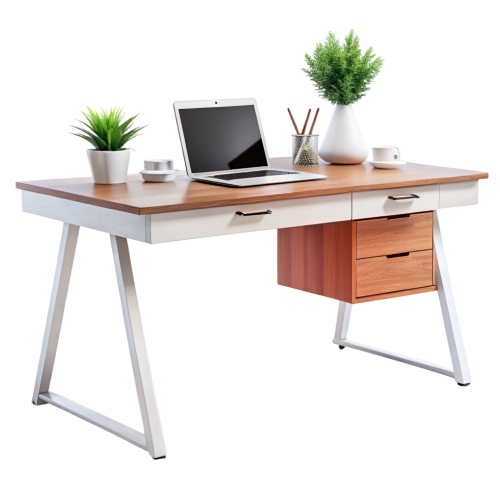 Modern wooden office desk with drawers and laptop, featuring a minimalistic design for home or office use png