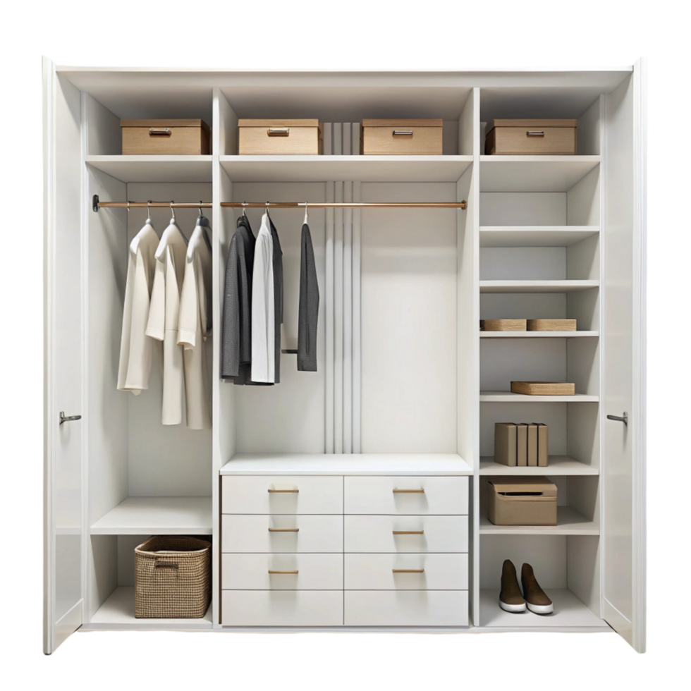 Modern wardrobe closet with open doors showing organized clothing, shoes, and storage boxes in a clean interior png