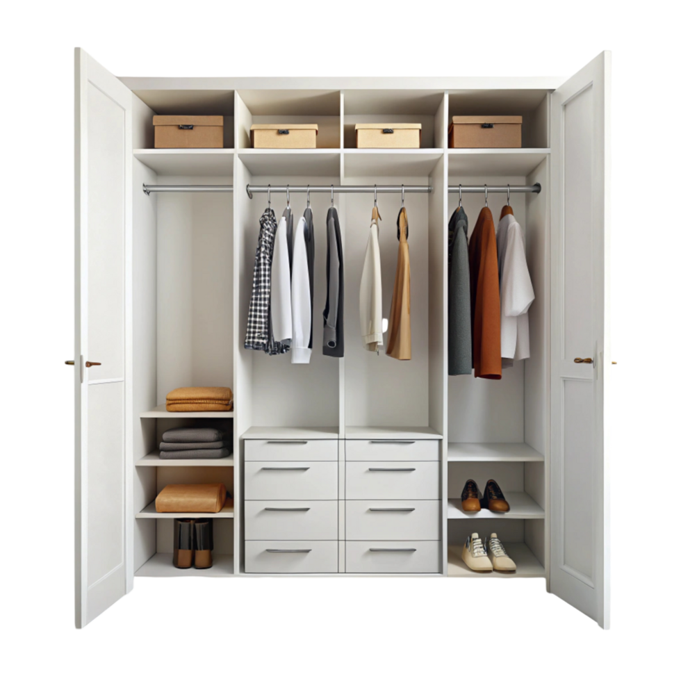 Contemporary open closet design featuring storage compartments, hanging rods, and drawers for clothing and shoes png