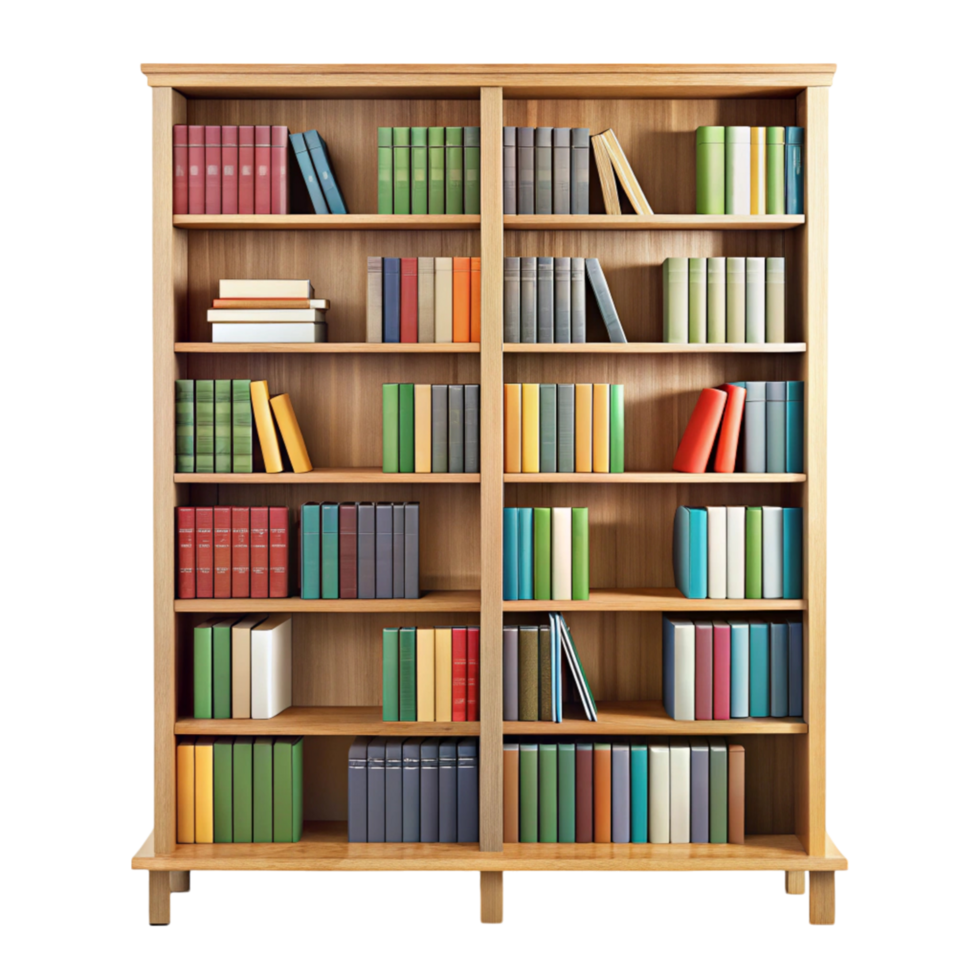 Wooden bookshelf filled with colorful books and decorative items, isolated on a Transparent Background png