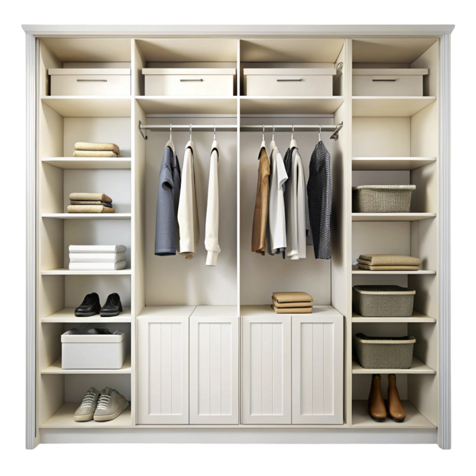 Spacious modern closet interior with neatly arranged clothes, footwear, and storage baskets, designed for functionality png