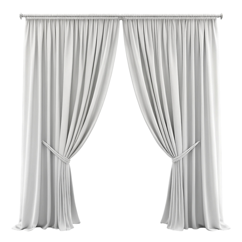 Minimalist white curtains with soft pleats and rod set, ideal for enhancing natural light and privacy in homes png