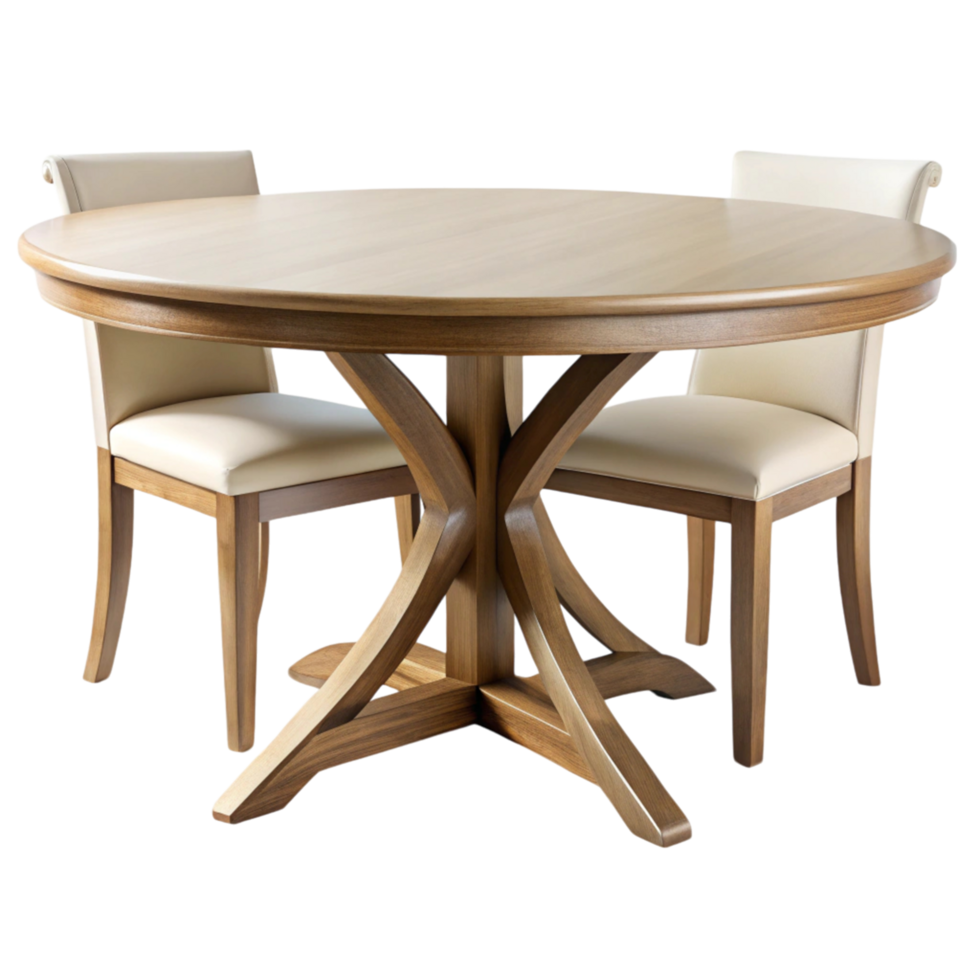 Contemporary round wooden dining table set with comfortable padded chairs, featuring sleek design and minimalist decor png