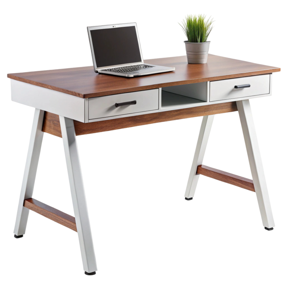 Sleek contemporary desk with wooden top and integrated storage, perfect for working from home or professional settings png