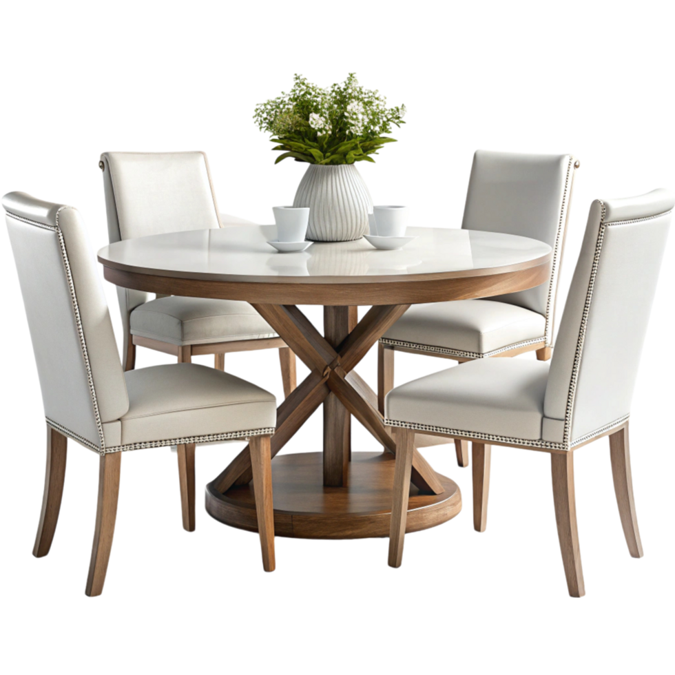 Elegant round wooden dining table with cream upholstered chairs and decorative centerpiece, perfect for modern dining rooms png