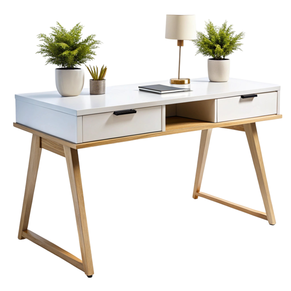 Simple and functional office desk with natural wood finish, featuring multiple drawers and open storage space png