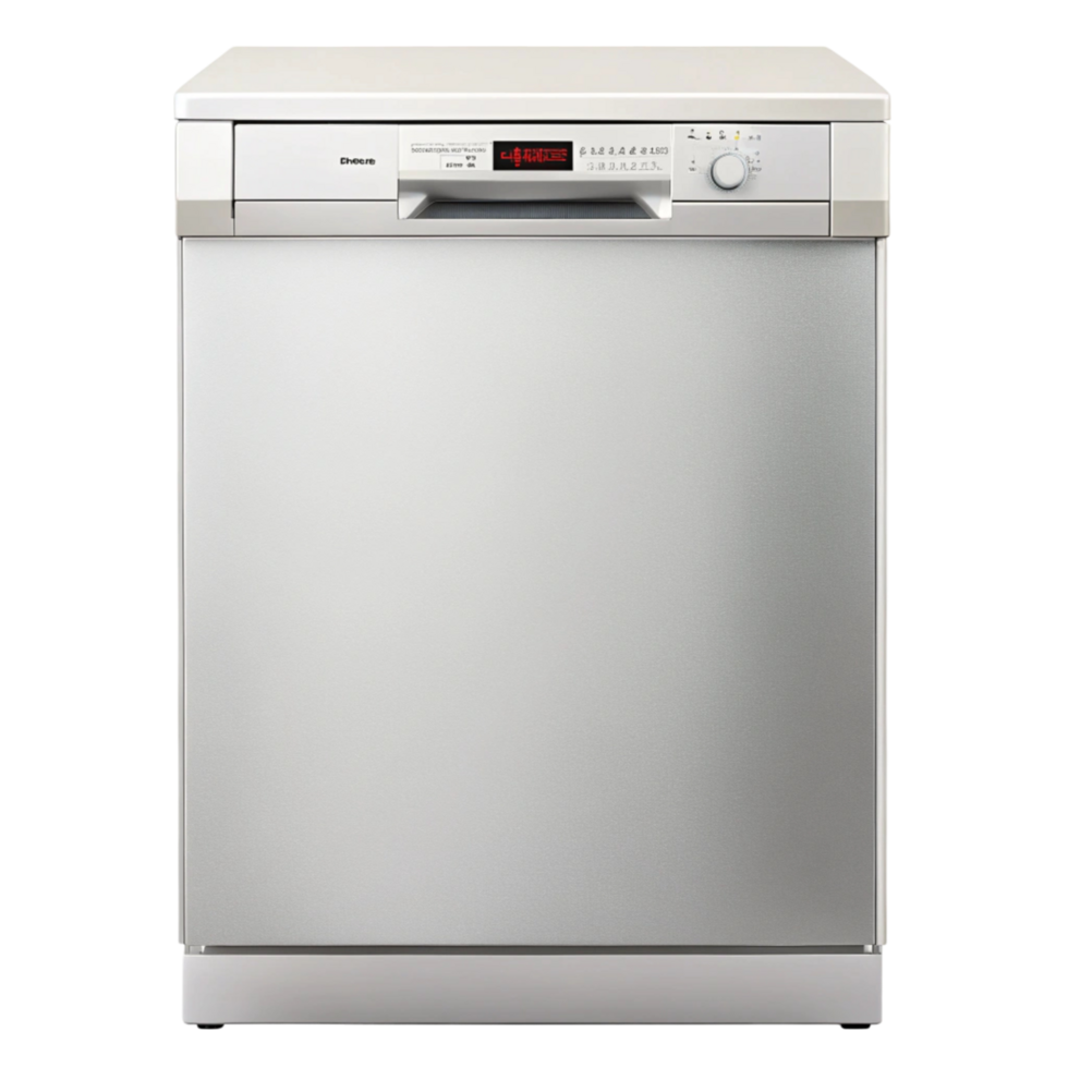 Compact stainless steel dishwasher with closed door and digital display, perfect for contemporary kitchen spaces and efficient dishwashing png