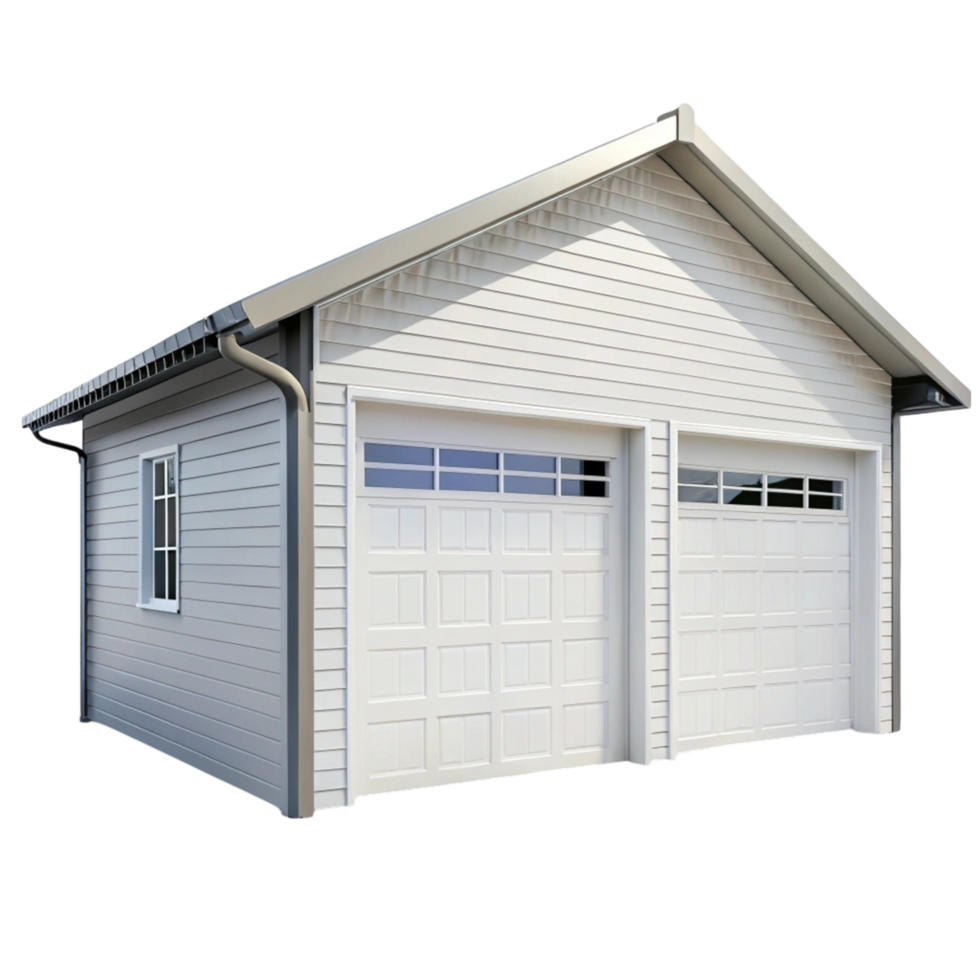 Single car garage with white siding and classic overhead door, featuring a side entrance and simple, functional design png