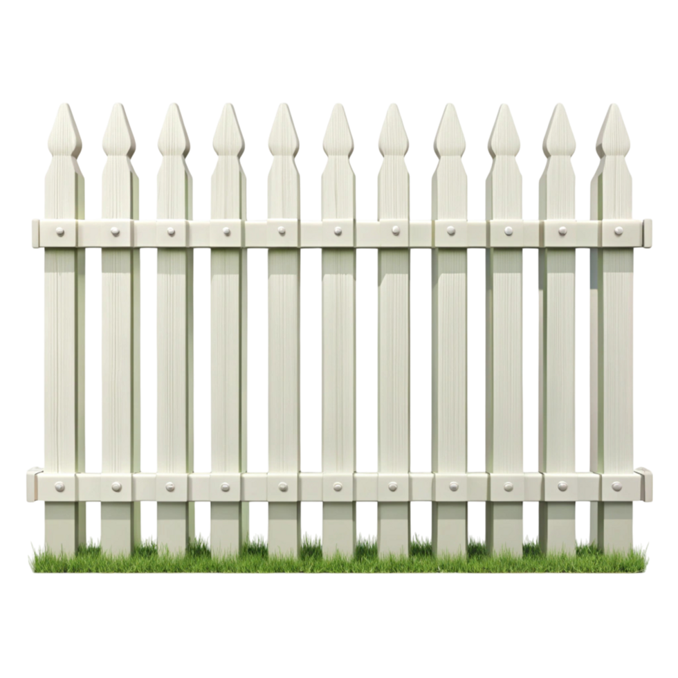 Decorative white fence with pointed top posts and sturdy design, suitable for garden or backyard enclosures, offering a charming appeal png