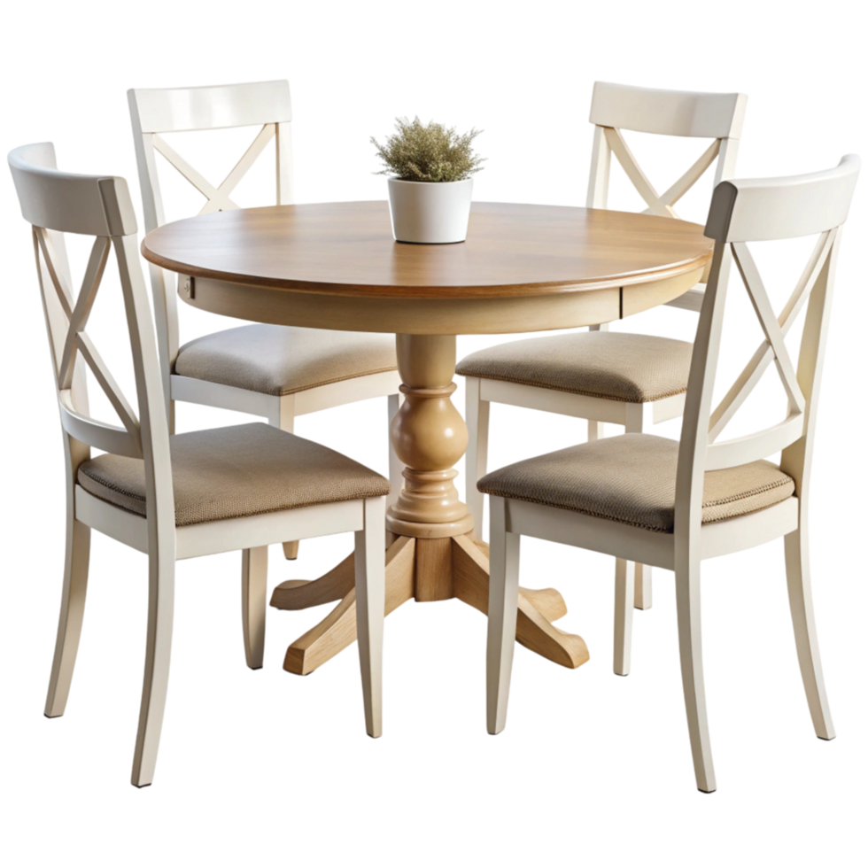 Modern round dining table with cross leg wooden design, paired with cream chairs, creating a sophisticated and welcoming dining area png