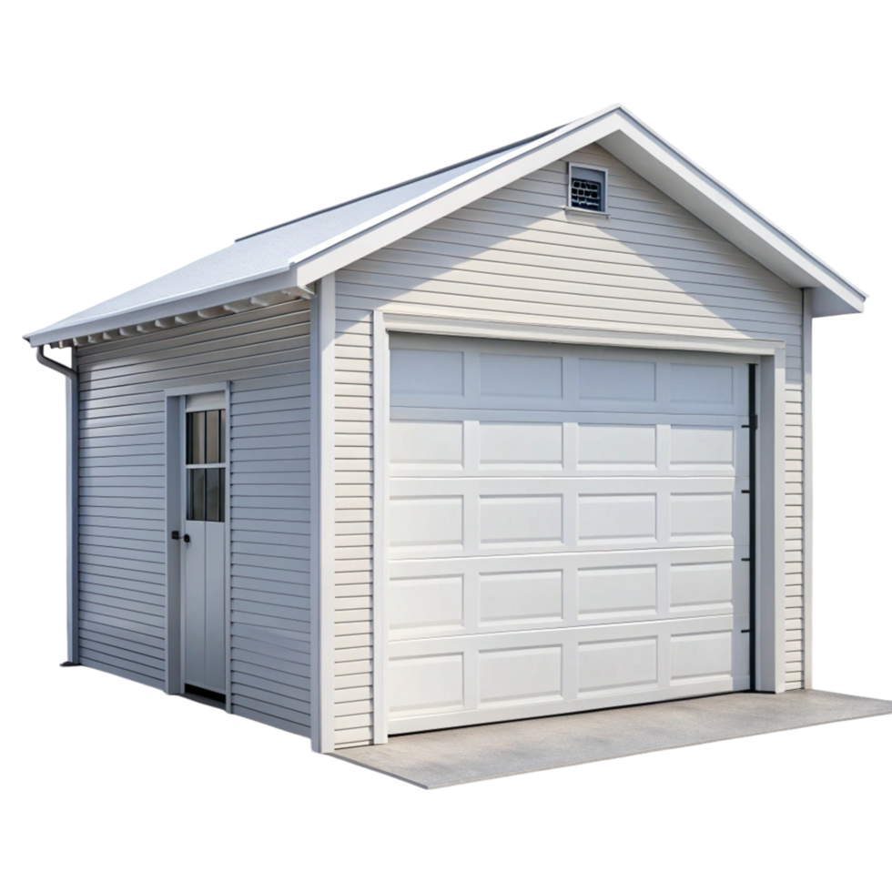 Simple white garage with single door and side entry, ideal for secure parking or storage in suburban homes png