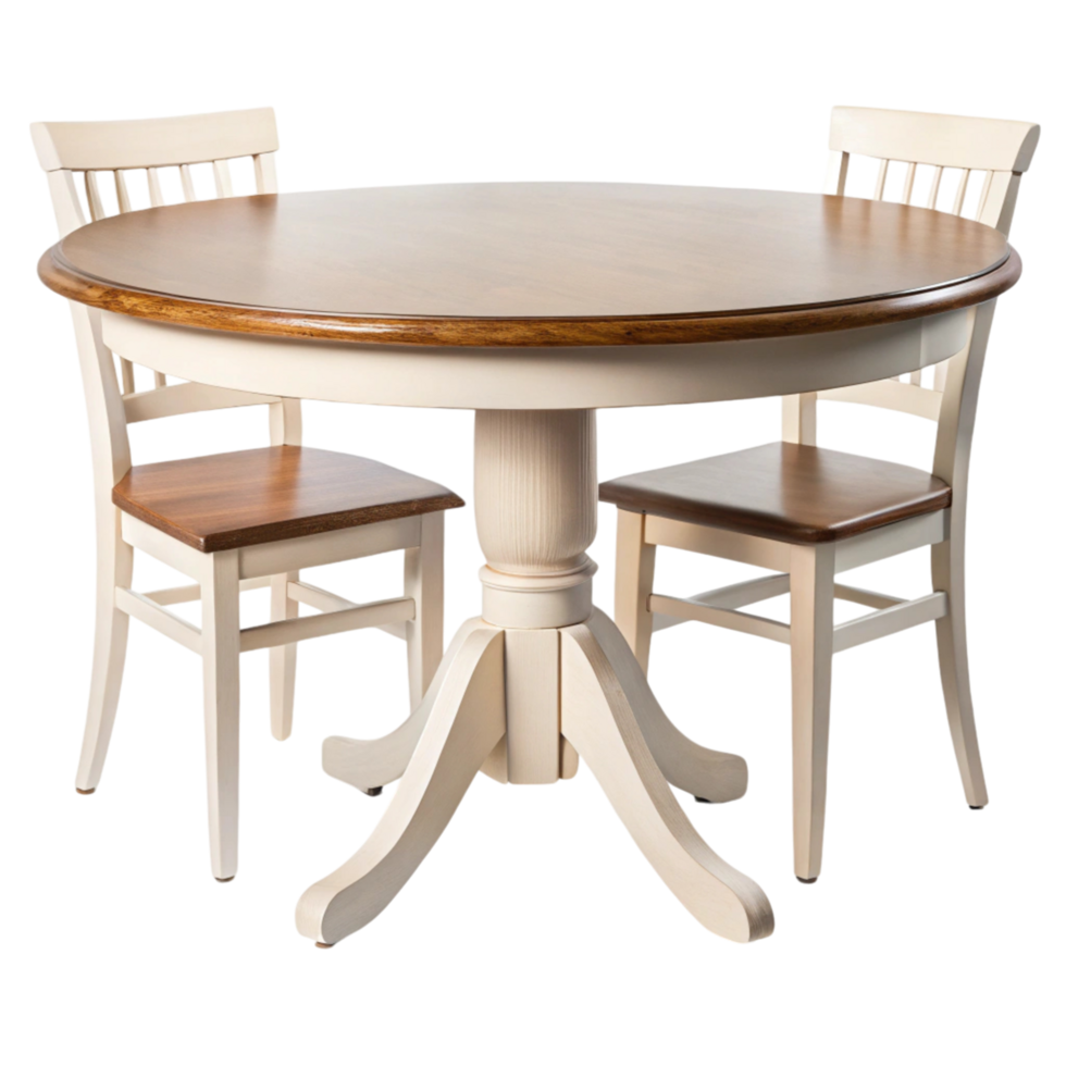 Classic round dining table with sturdy wooden base and neutral colored upholstered chairs, ideal for home or restaurant settings png