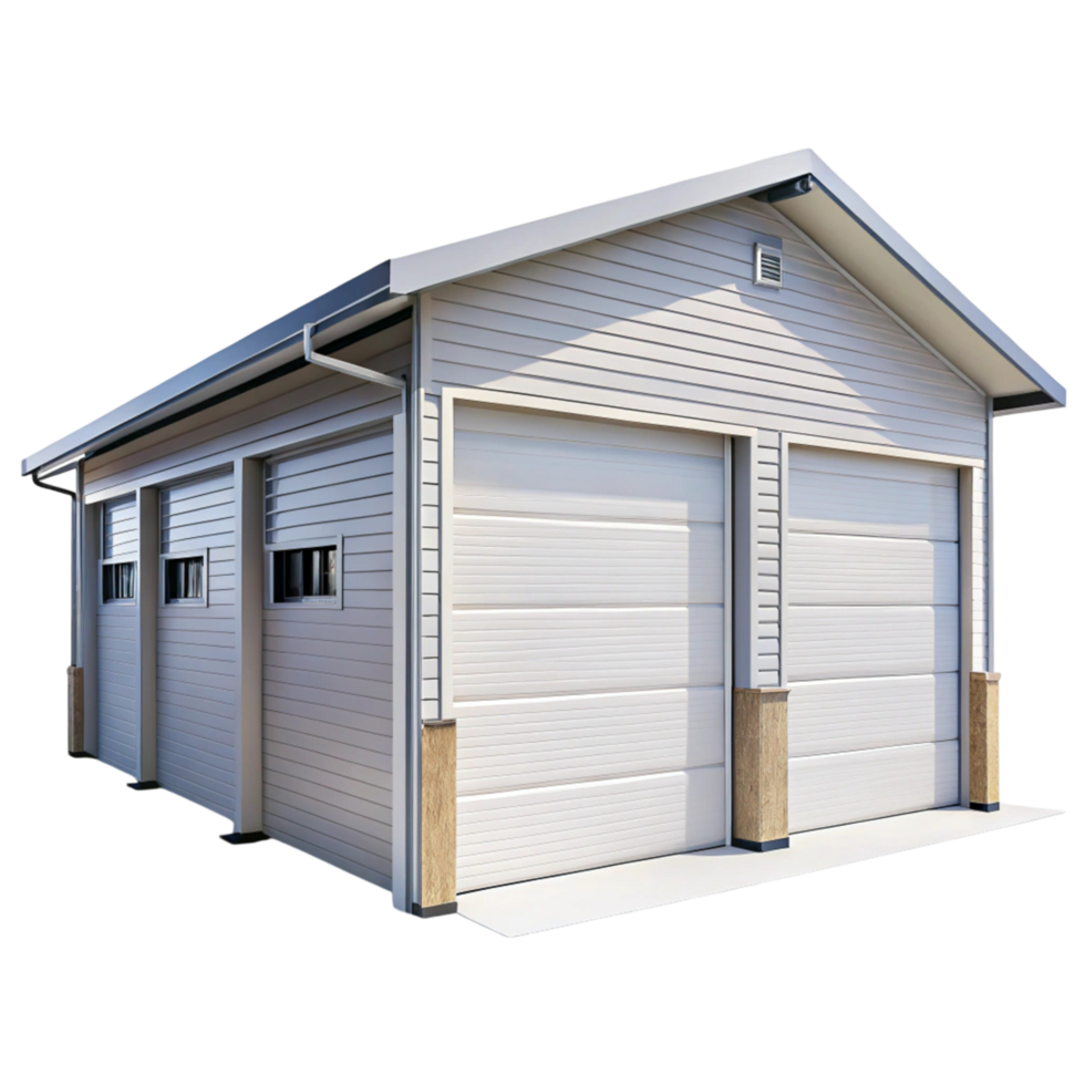 Modern detached garage with white siding and two roll up doors, offering spacious vehicle storage and a clean exterior design png