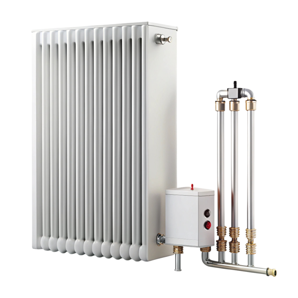 Modern home radiator with a sleek white design, featuring connected pipes and control valve for efficient heating png