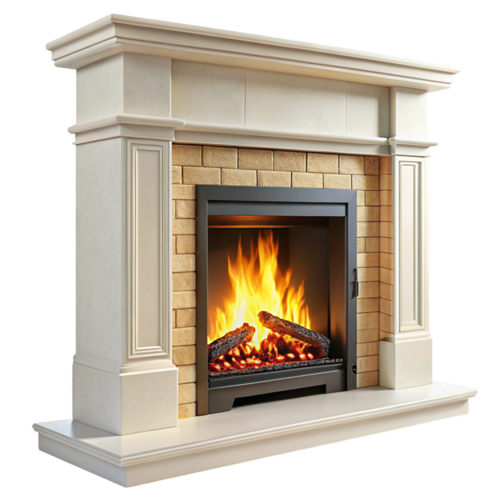Classic stone fireplace with ornate columns and a roaring fire, perfect for adding warmth and charm to any home interior png