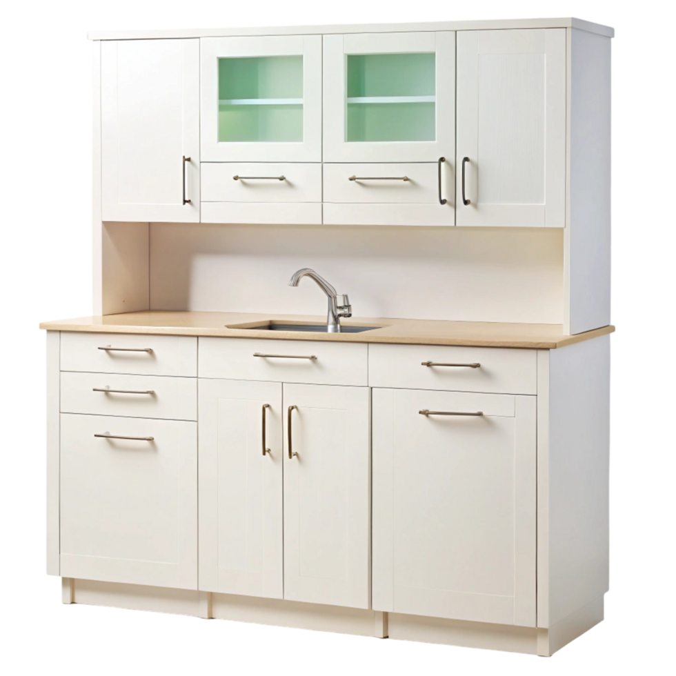 Classic white kitchen cabinet set with built in shelves, drawers, and upper storage, ideal for organizing kitchenware and utensils png