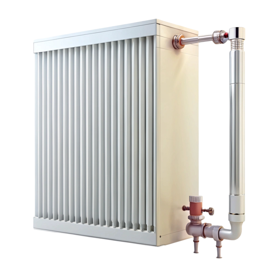 High quality metal radiator with connected pipes and durable construction, ideal for modern heating systems in home interiors png