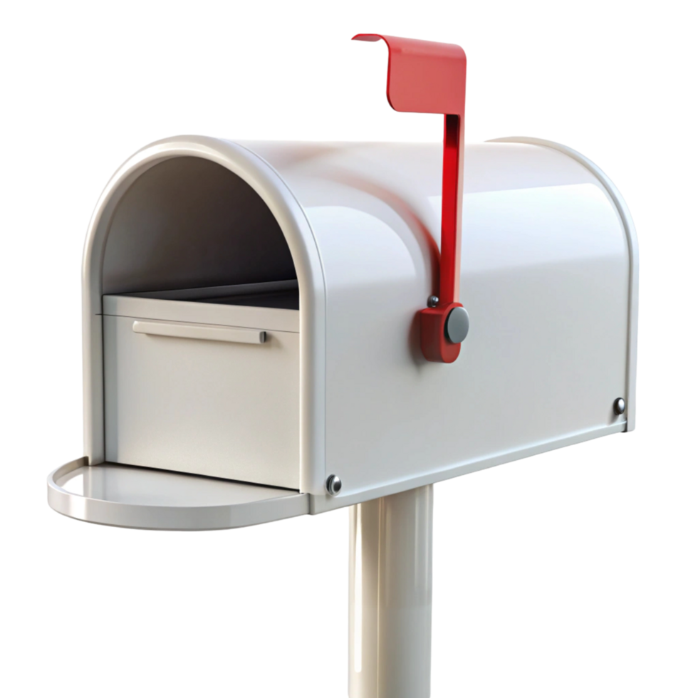Standard residential mailbox with red flag and open lid, durable metal construction for daily use, isolated on white png