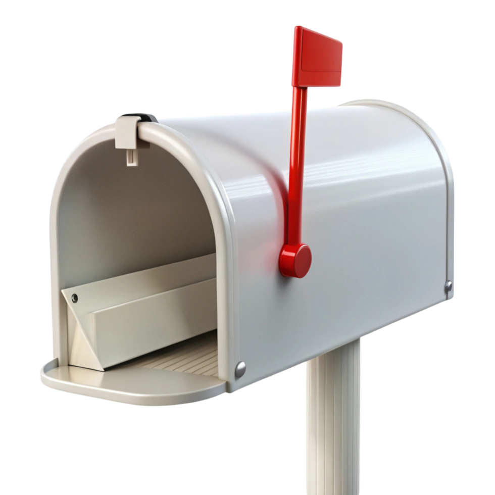 Modern silver mailbox with red handle and flag, ideal for secure mail delivery, mounted on a sturdy post png