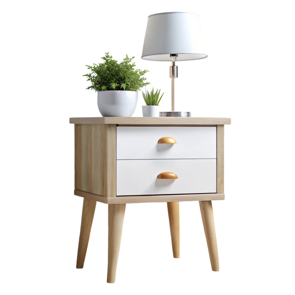 Stylish light wood bedside table with two drawers and simple lines, complemented by a lamp and plant, ideal for modern interiors png