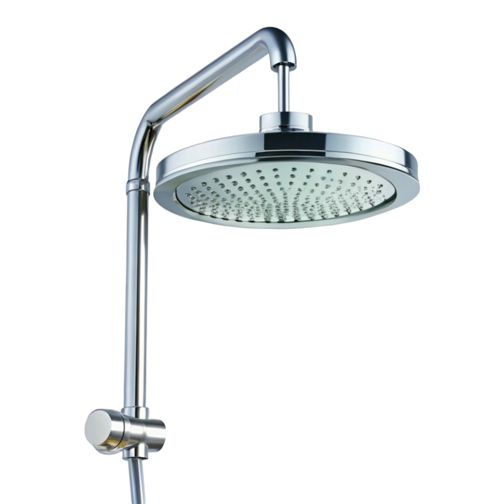 High quality stainless steel rainfall shower with large round head and water streams, ideal for luxury home bathrooms png