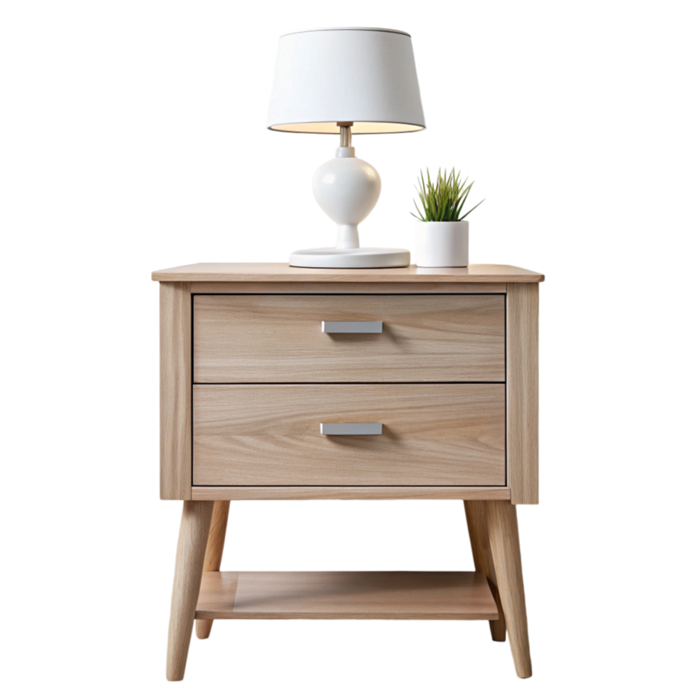 Modern wooden nightstand with two drawers, minimalist design, featuring a table lamp and potted plant, perfect for bedroom decor png
