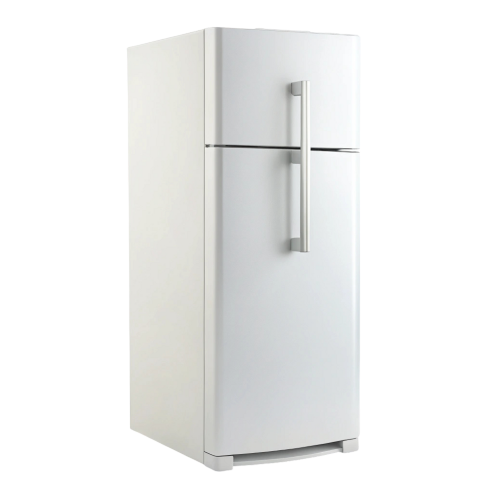 Energy saving refrigerator with spacious compartments and minimalist design, featuring polished metal handles png