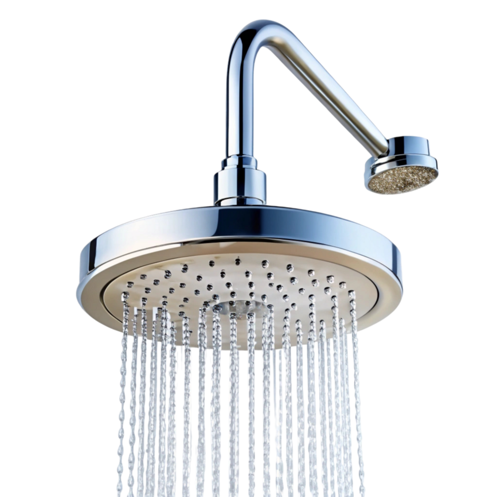 Elegant rain showerhead with adjustable arm and water flow, offering a modern and refreshing shower experience png