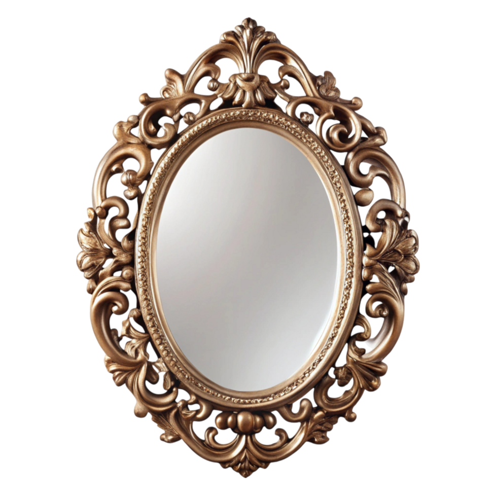 Ornate gold framed oval mirror with intricate baroque style detailing, perfect for adding elegance to any interior space png