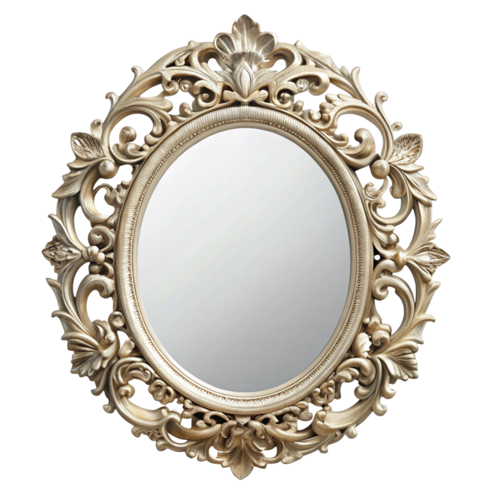 Baroque inspired mirror with an intricate, golden sculpted frame, offering a timeless and regal touch to interior design png