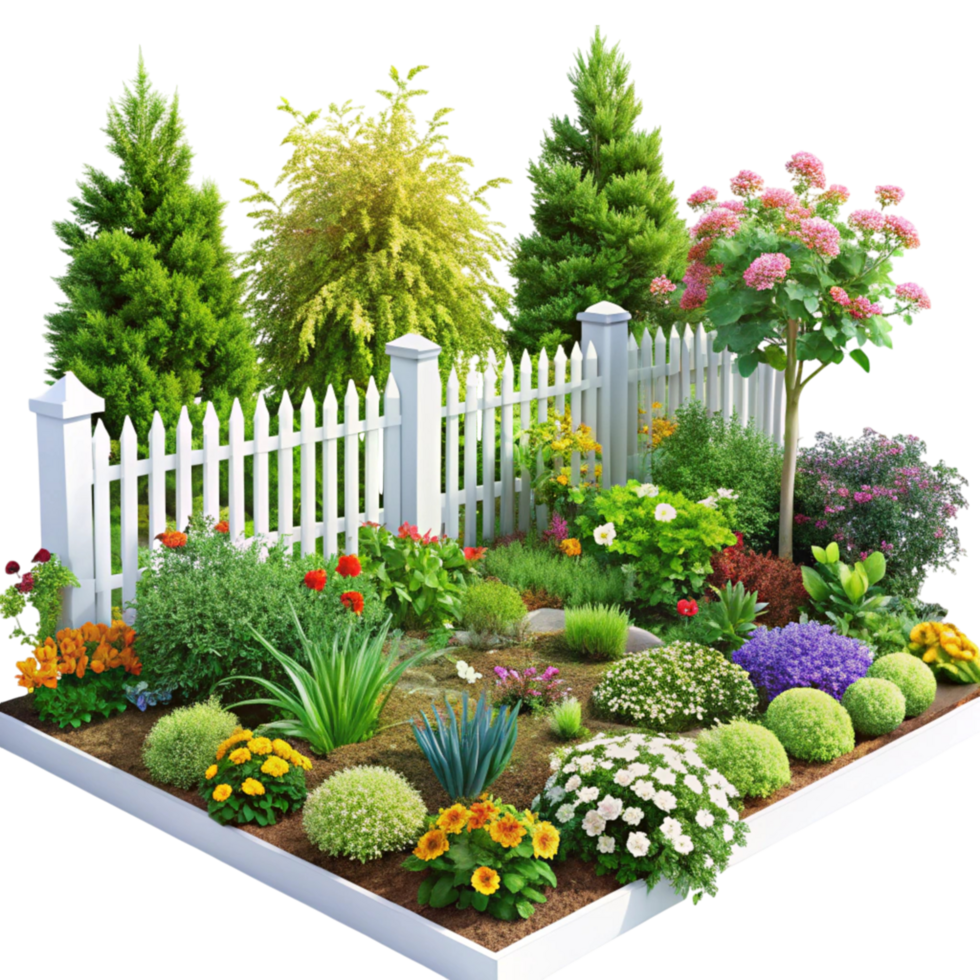 Charming garden scene with blooming flowerbeds, well trimmed hedges, and a white picket fence, ideal for garden design inspiration png