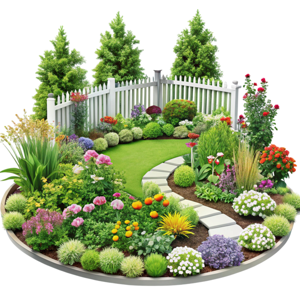 Vibrant garden path surrounded by blooming flowers, greenery, and a white fence, creating a peaceful and inviting outdoor space png