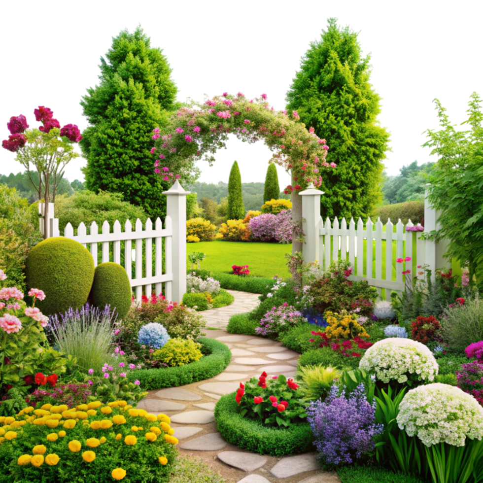 Beautiful flower garden with lush greenery, colorful flowers, and a white picket fence archway, perfect for landscaping inspiration png