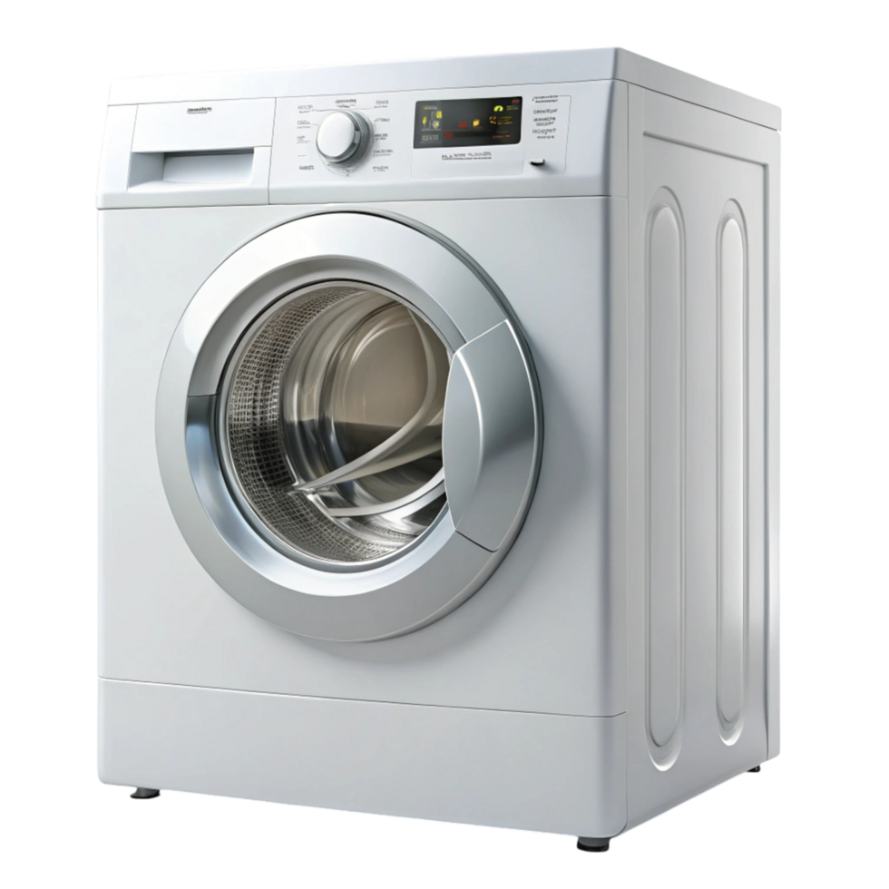 White automatic washing machine with advanced features and large stainless steel drum, perfect for laundry png