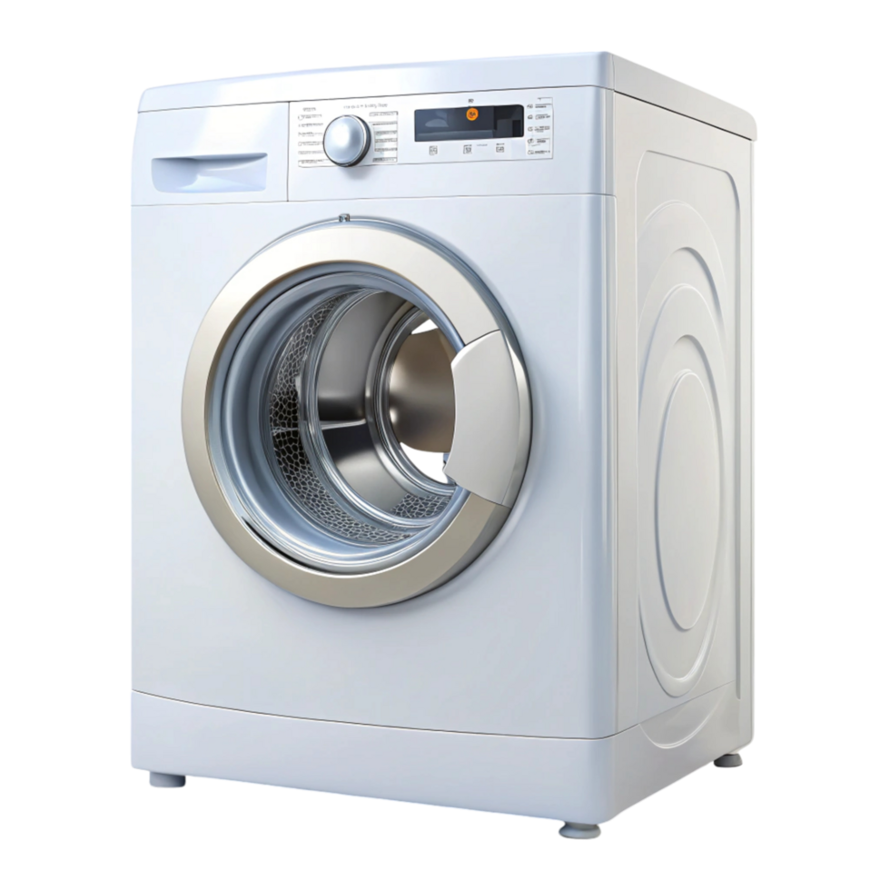 Modern front loading washing machine with digital display and sleek design isolated on Transparent Background png