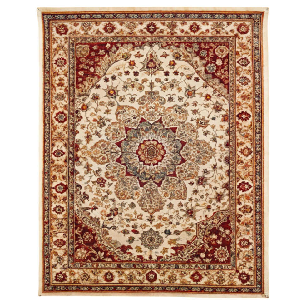 Luxurious handwoven rug with classic medallion design and intricate borders, showcasing traditional craftsmanship png