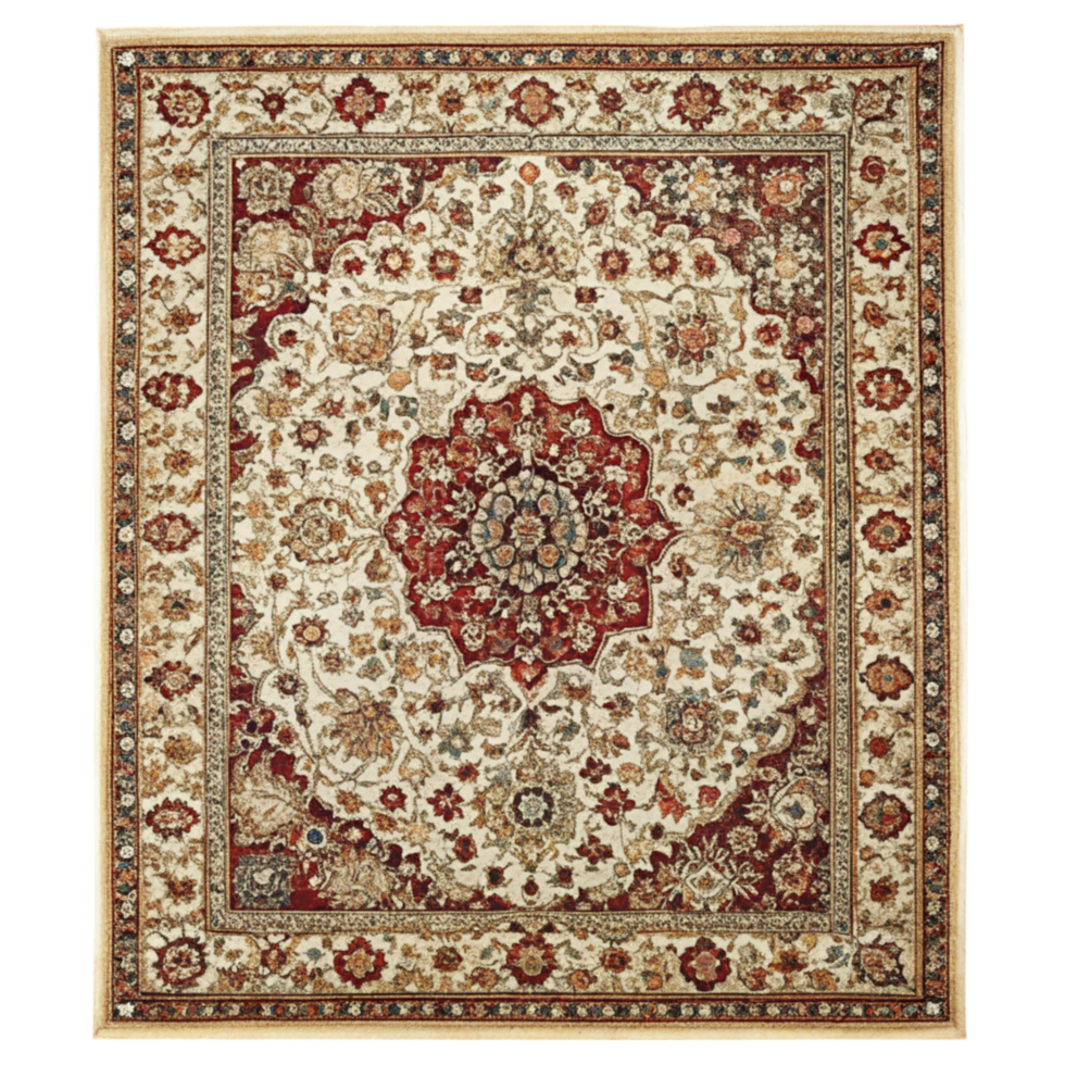 Traditional Persian style rug with intricate floral patterns and rich red and beige tones, perfect for classic home decor png