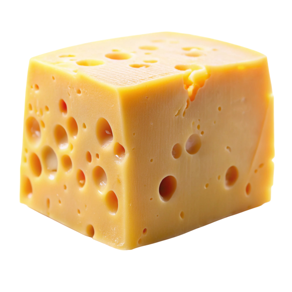 Isolated block of Swiss cheese with holey texture, showcasing quality and freshness. png
