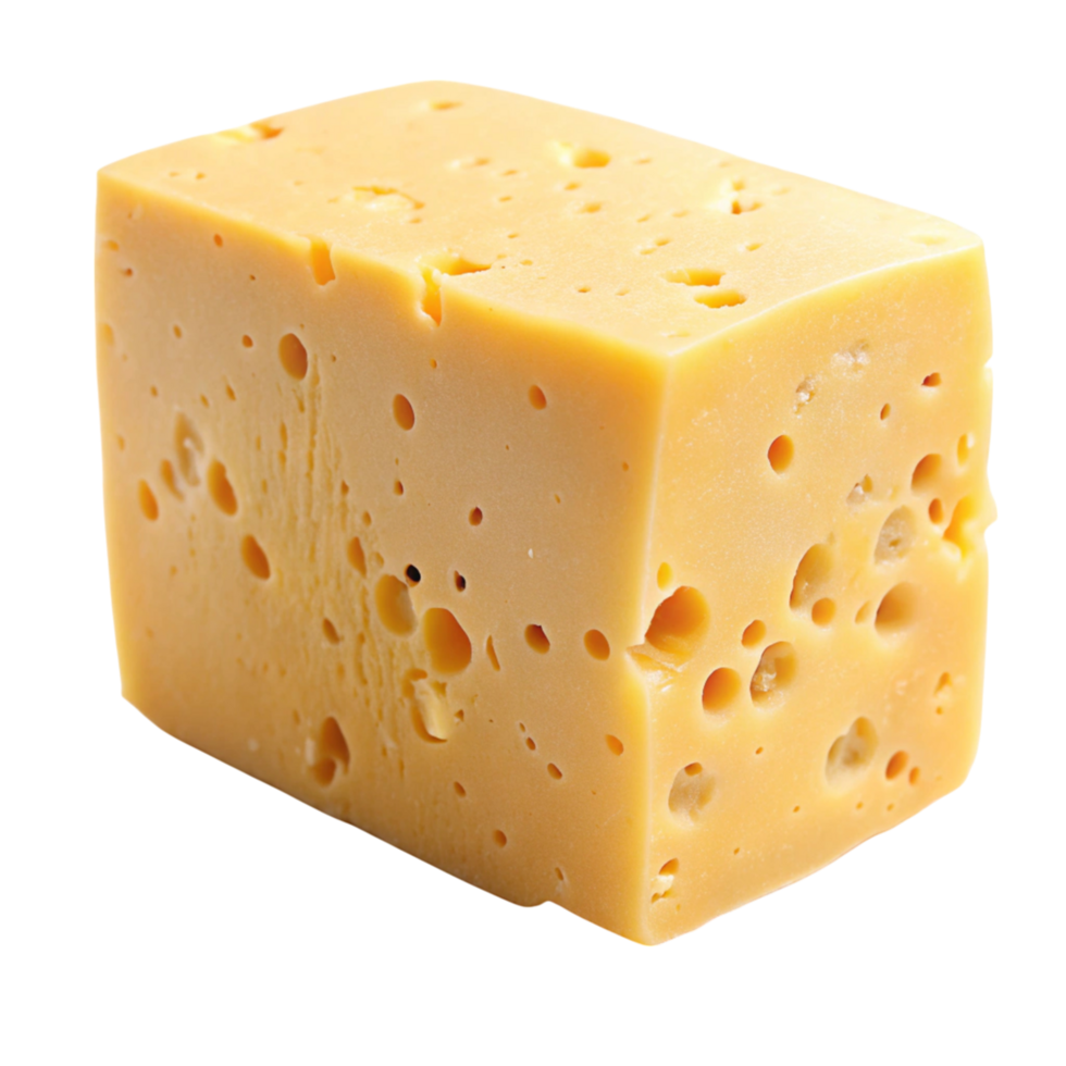 Fresh block of Swiss cheese with characteristic holes, isolated on a clean Transparent Background. png