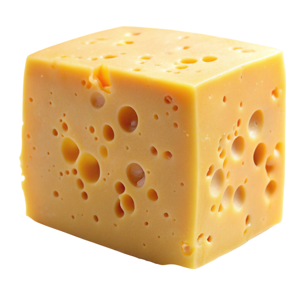 Delicious yellow cheese cube with holes, isolated and detailed, perfect for cooking and recipes. png