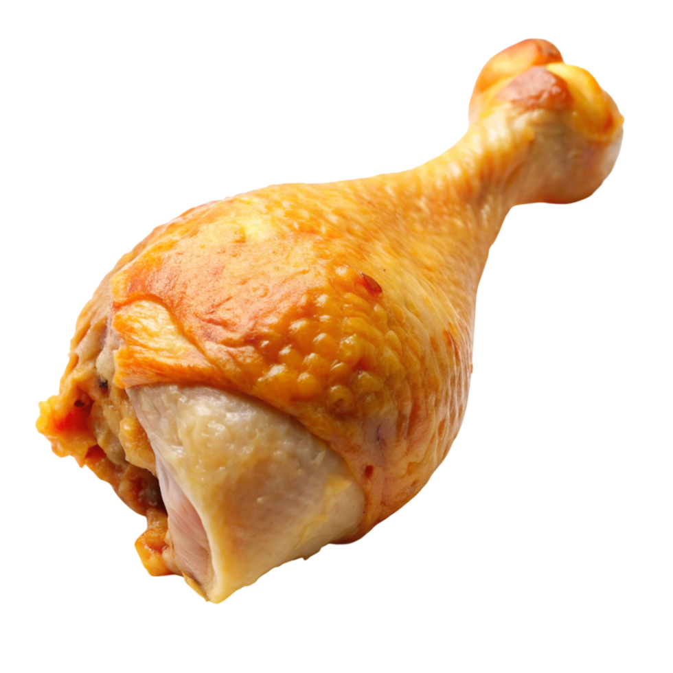 Raw chicken drumstick close up, ready for seasoning or roasting, isolated on white. png