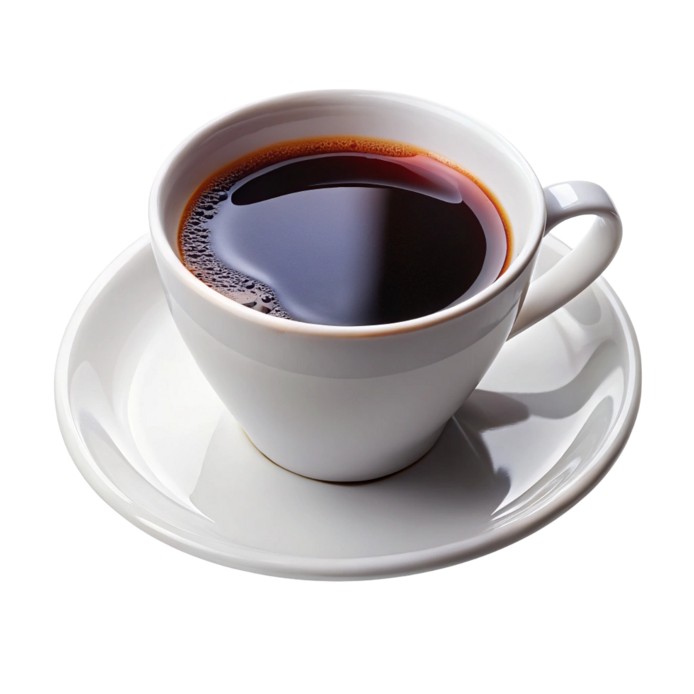 Elegant white coffee cup with dark, steaming coffee on a matching white saucer against Transparent Background. png