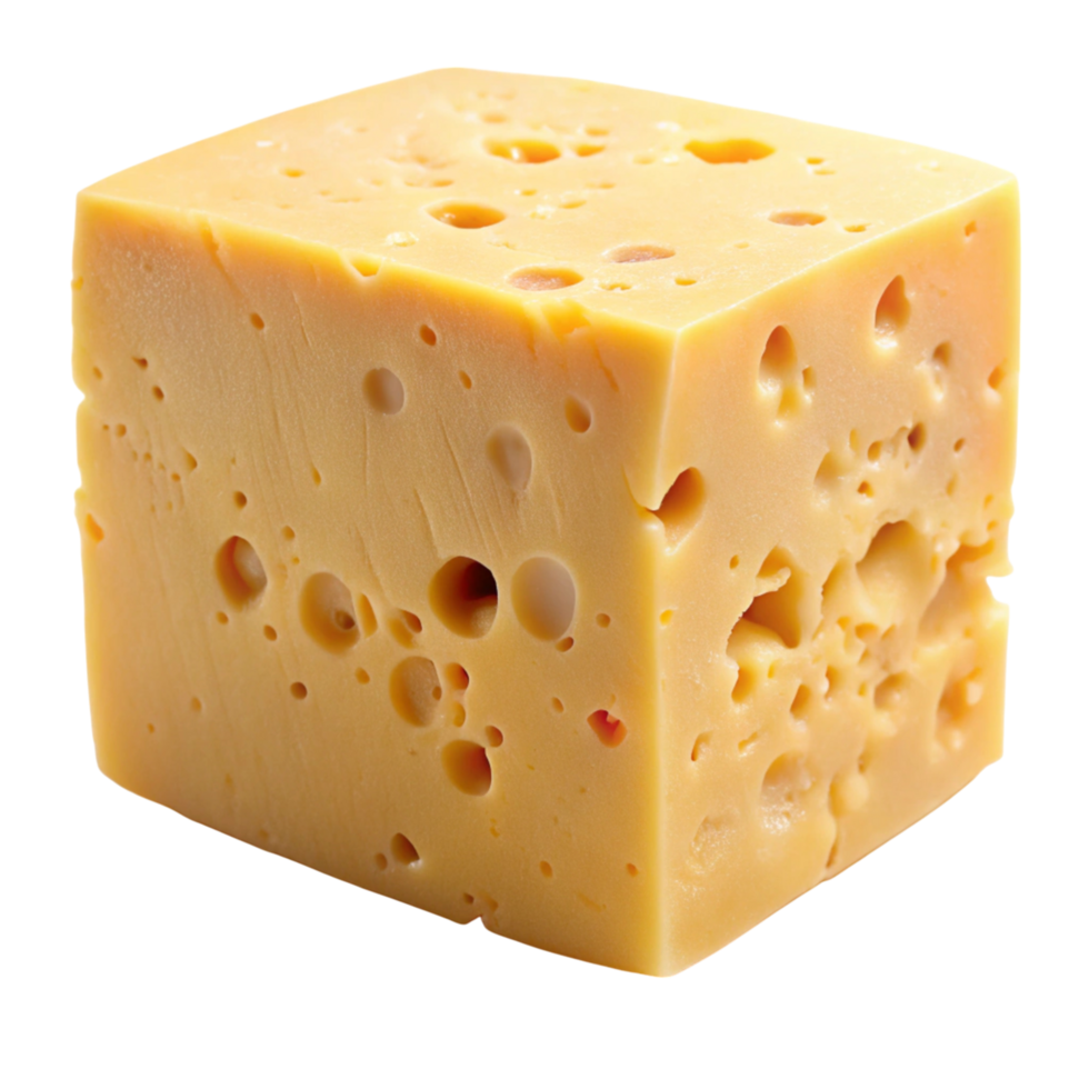 Close up of a yellow cheese block with natural holes, ideal for food and culinary themes. png